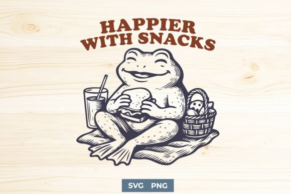 Happier with Snacks SVG Funny Frog PNG for Graphics and Crafts